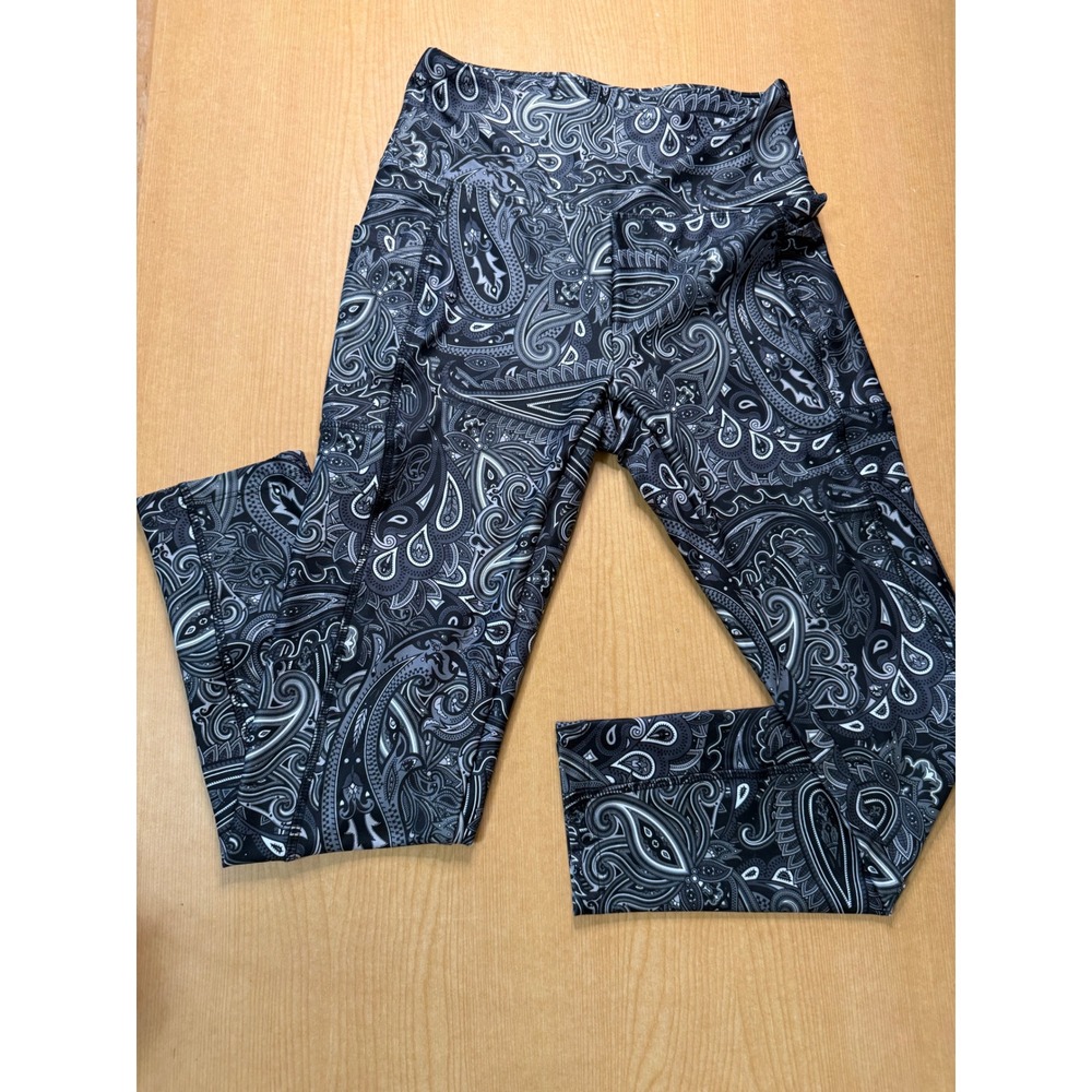 Bally Total Fitness Womens Paisley Leggings Black Grey High Waist Pocket Medium